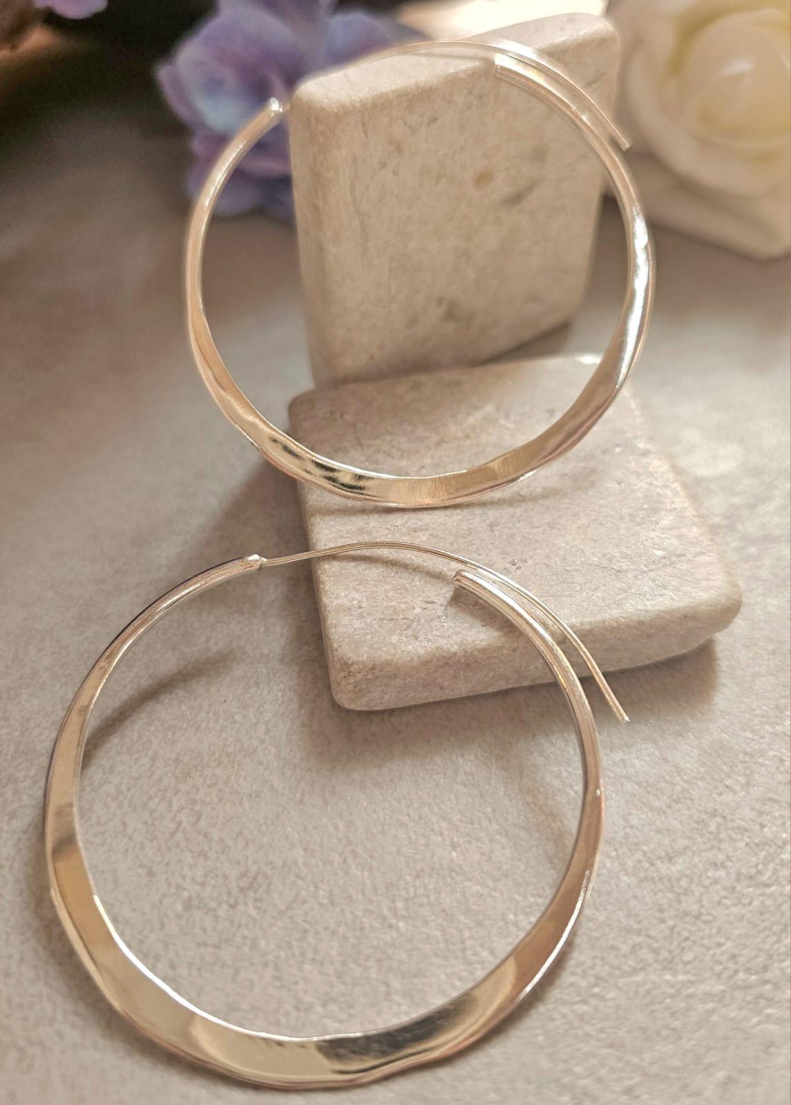 Extra Large Silver Hoop Earrings 5.5cm | Hammered Effect Statement Hoops | Lightweight Silver Plated Jewellery | Nickel Free