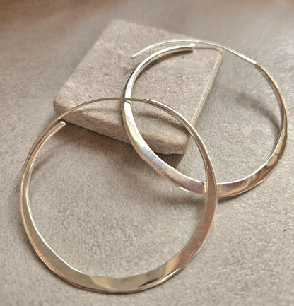 Extra Large Silver Hoop Earrings 5.5cm | Hammered Effect Statement Hoops | Lightweight Silver Plated Jewellery | Nickel Free