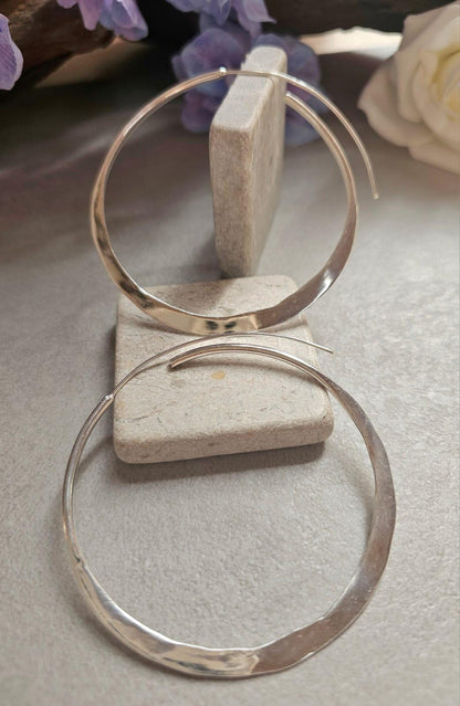6.5cm Silver Hoop Earrings | Oversized Hammered Effect Hoops | Lightweight Statement Silver Plated Earrings