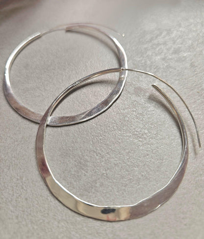 6.5cm Silver Hoop Earrings | Oversized Hammered Effect Hoops | Lightweight Statement Silver Plated Earrings