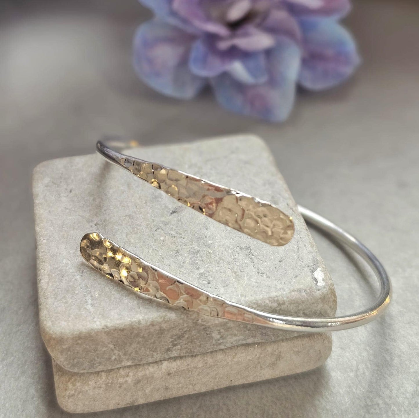 Silver Plated Hammered Bracelet – Adjustable Open Cuff Bangle – Minimalist Delicate Jewellery – Gift for Her – Textured Stackable Bracelet