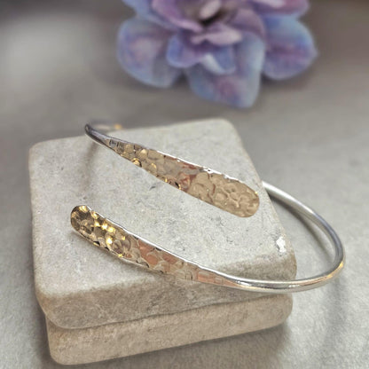 Silver Plated Hammered Bracelet – Adjustable Open Cuff Bangle – Minimalist Delicate Jewellery – Gift for Her – Textured Stackable Bracelet