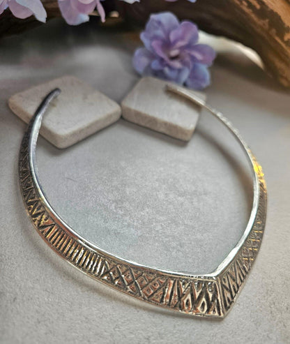 Silver Plated Engraved Choker Necklace, Geometric Tribal Collar Necklace, Minimalist Statement Jewellery, Boho Layering Necklace, Gift for H