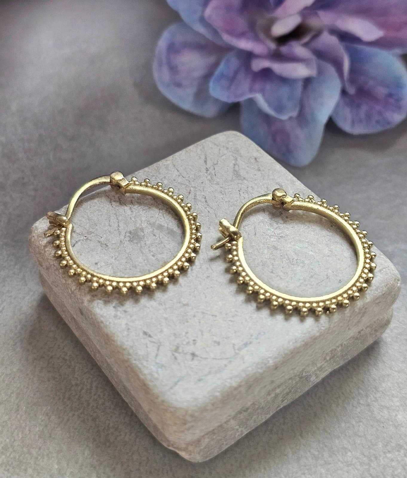 Small Brass Hoop Earrings, Dainty Beaded Hoops, Minimalist Boho Earrings, Everyday Gold Hoop Earrings, Lightweight Jewellery Gift for Her