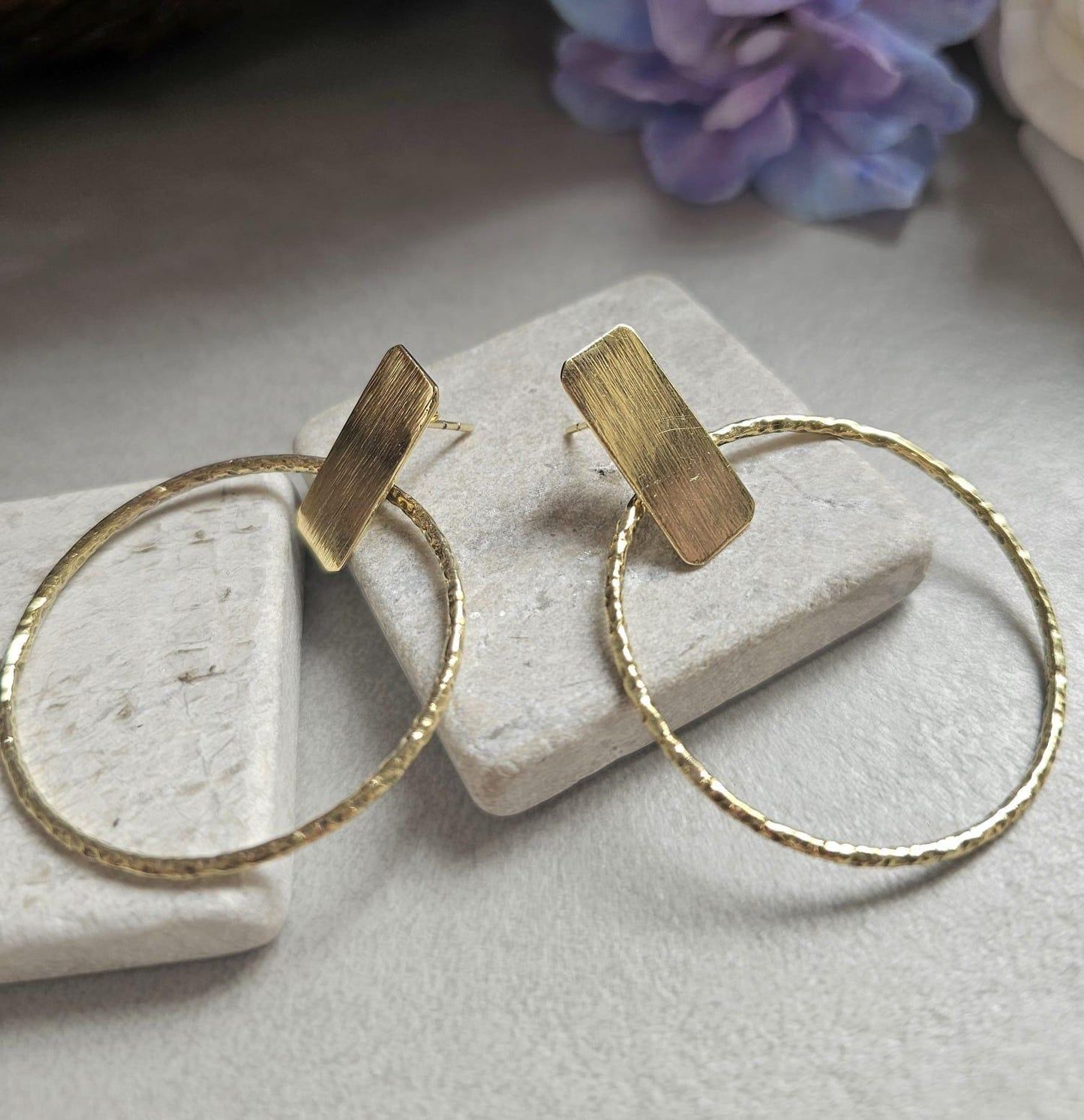 Face Forward Hoop Earrings, Raw Brass Statement Hoops, Geometric Bar Stud Hoops, Hammered Circle Earrings, Modern Minimalist Jewellery