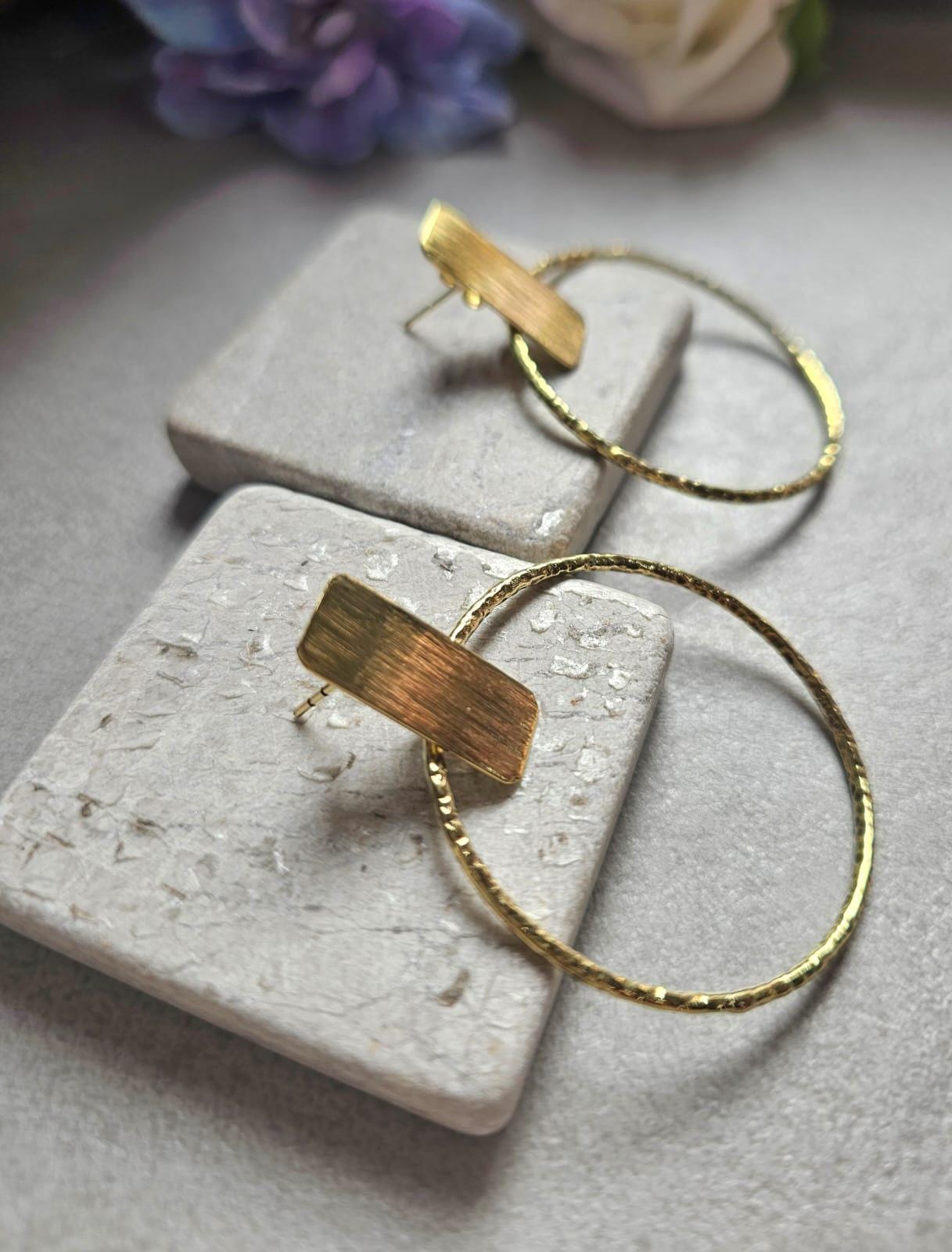 Face Forward Hoop Earrings, Raw Brass Statement Hoops, Geometric Bar Stud Hoops, Hammered Circle Earrings, Modern Minimalist Jewellery