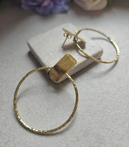 Face Forward Hoop Earrings, Raw Brass Statement Hoops, Geometric Bar Stud Hoops, Hammered Circle Earrings, Modern Minimalist Jewellery
