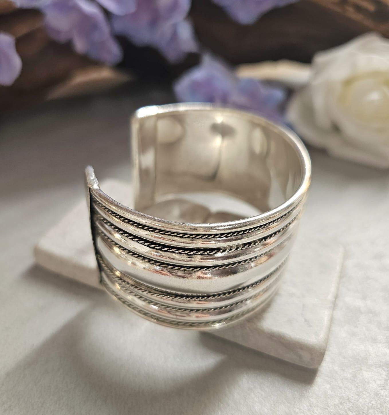 Textured Silver Plated Cuff Bracelet, Bold Statement Bangle, Adjustable Open Design