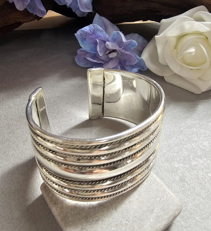 Textured Silver Plated Cuff Bracelet, Bold Statement Bangle, Adjustable Open Design