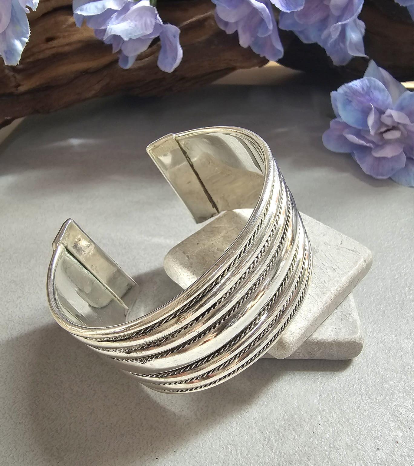 Textured Silver Plated Cuff Bracelet, Bold Statement Bangle, Adjustable Open Design