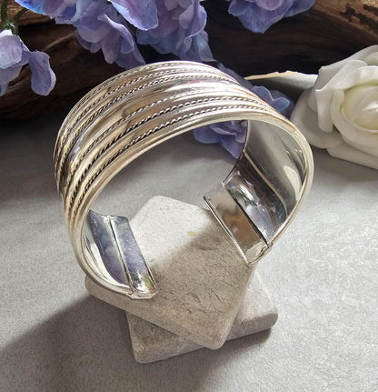 Textured Silver Plated Cuff Bracelet, Bold Statement Bangle, Adjustable Open Design
