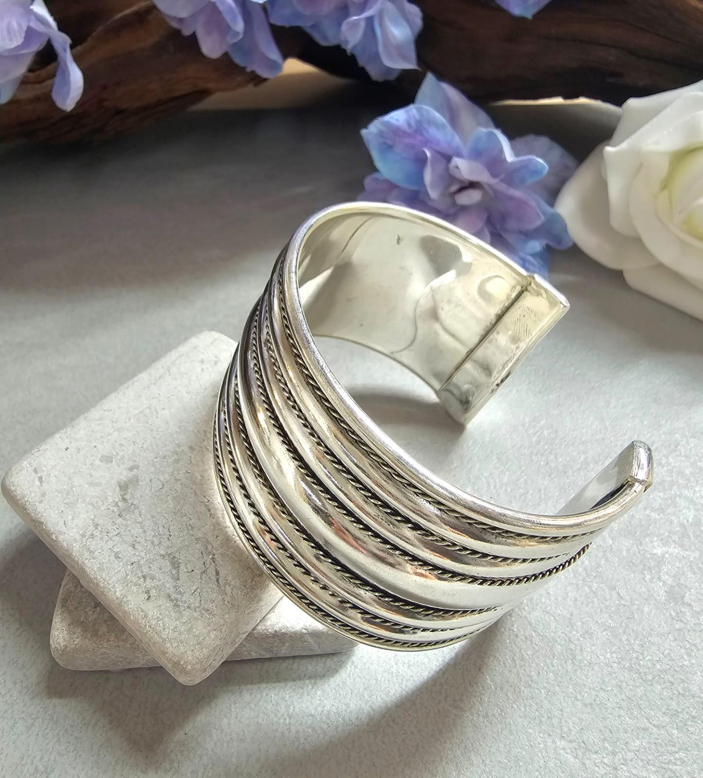Textured Silver Plated Cuff Bracelet, Bold Statement Bangle, Adjustable Open Design