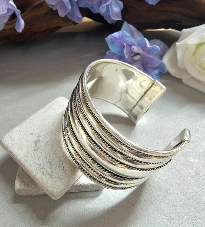 Textured Silver Plated Cuff Bracelet, Bold Statement Bangle, Adjustable Open Design