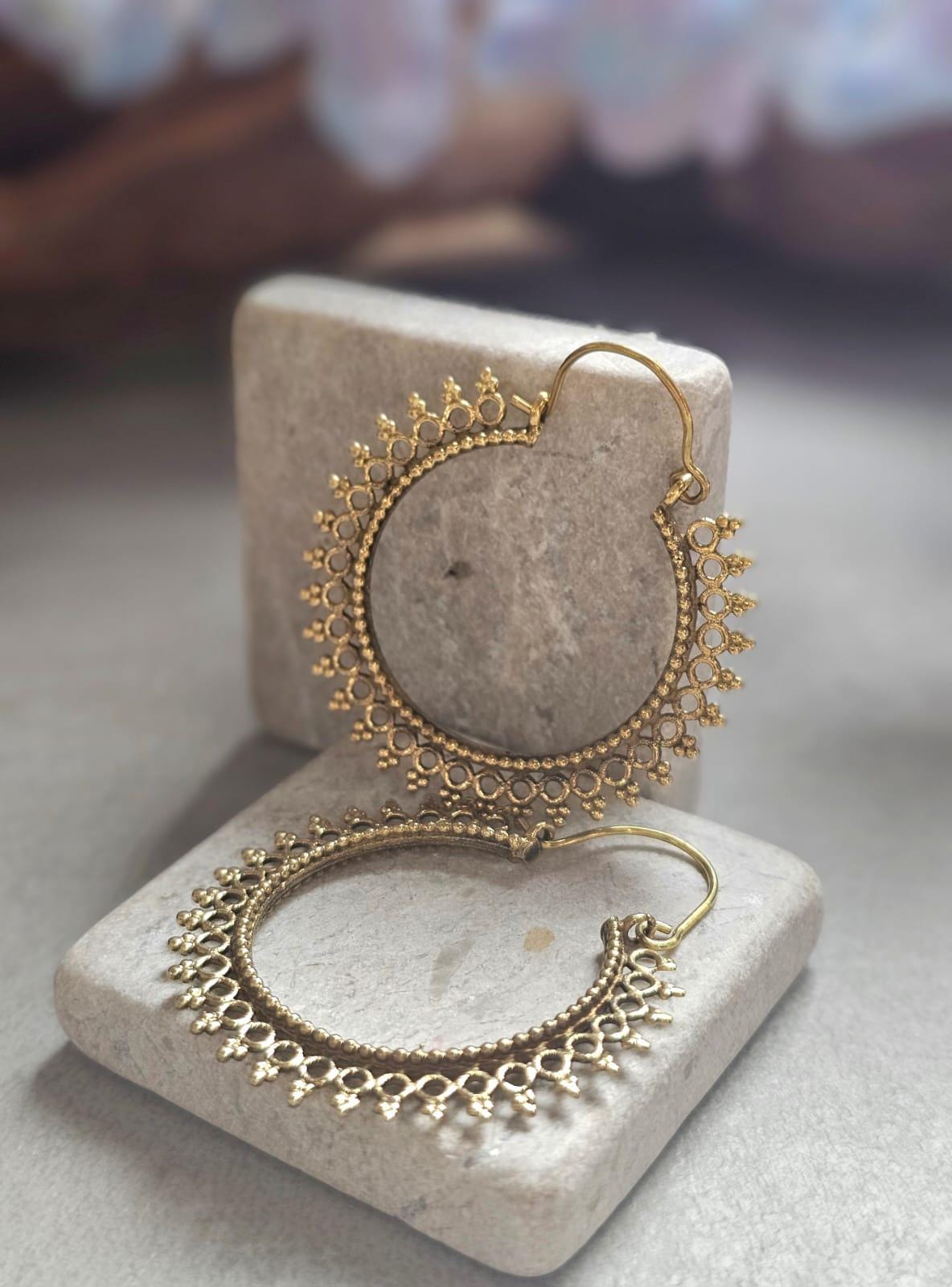 Boho Brass Hoop Earrings, Tribal Gold Hoops, Lightweight Statement Earrings, Festival Jewelry, Ethnic Bohemian Earrings, Gift for Her