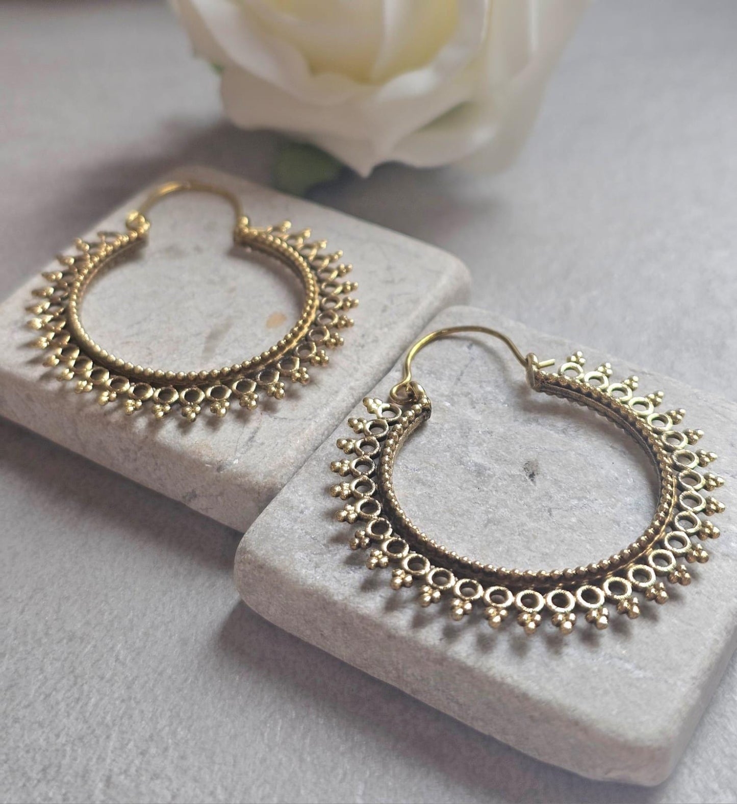 Boho Brass Hoop Earrings, Tribal Gold Hoops, Lightweight Statement Earrings, Festival Jewelry, Ethnic Bohemian Earrings, Gift for Her