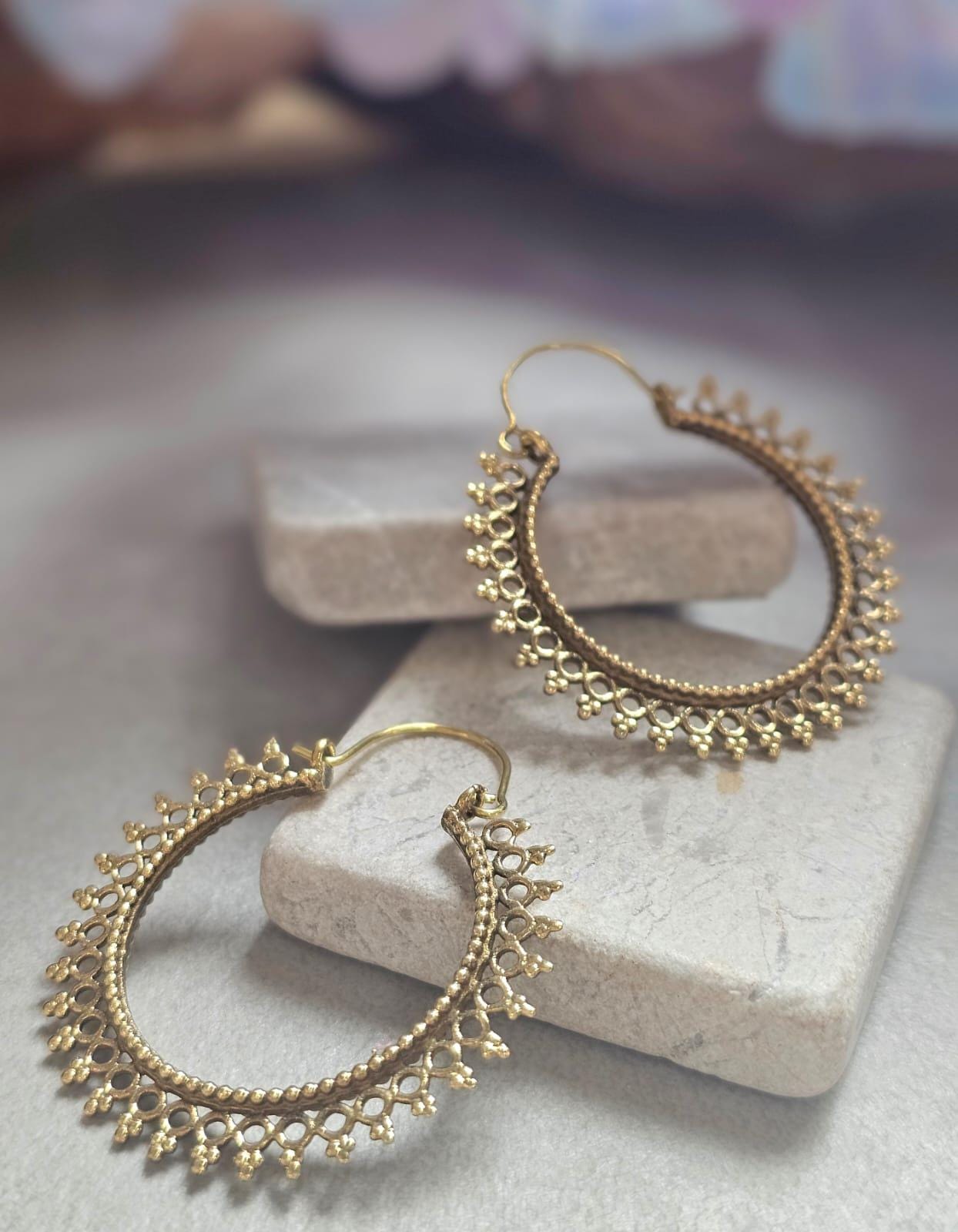 Boho Brass Hoop Earrings, Tribal Gold Hoops, Lightweight Statement Earrings, Festival Jewelry, Ethnic Bohemian Earrings, Gift for Her