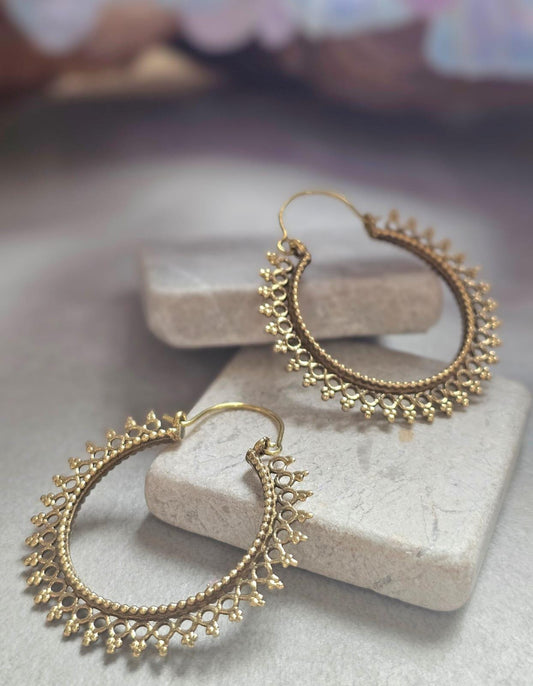 Boho Brass Hoop Earrings, Tribal Gold Hoops, Lightweight Statement Earrings, Festival Jewelry, Ethnic Bohemian Earrings, Gift for Her