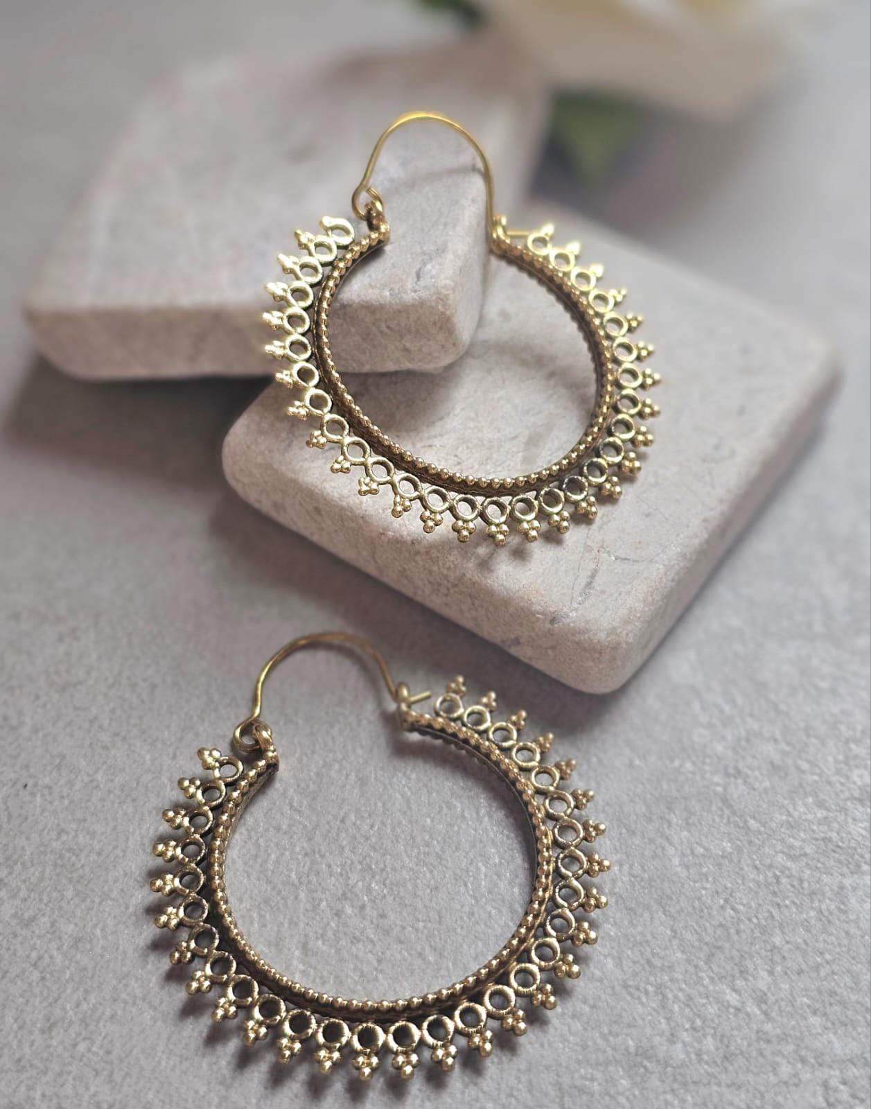 Boho Brass Hoop Earrings, Tribal Gold Hoops, Lightweight Statement Earrings, Festival Jewelry, Ethnic Bohemian Earrings, Gift for Her