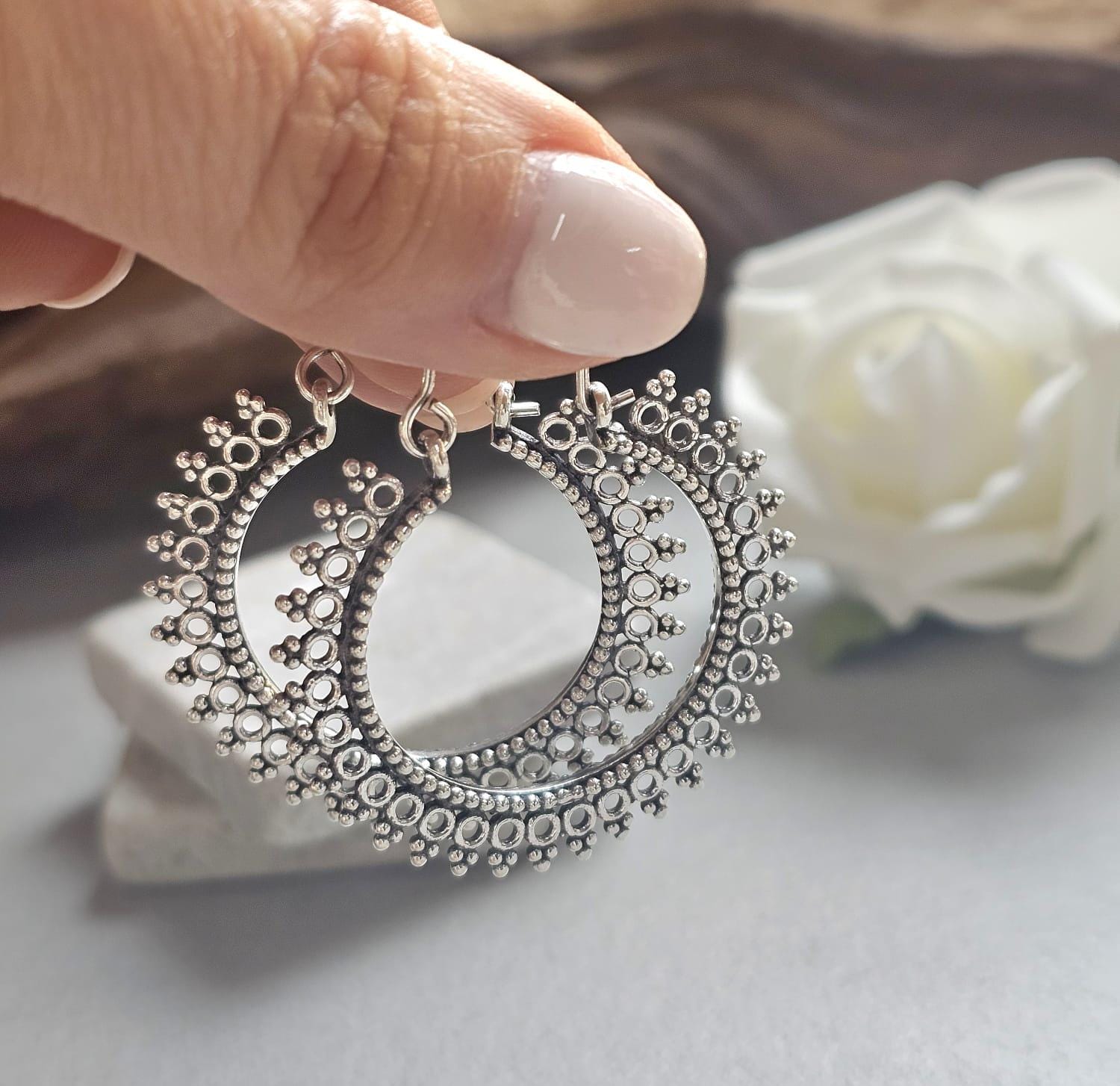 Silver Hoop Earrings, Boho Statement Hoops, Detailed Silver Earrings, Lightweight Unique Earrings, Hypoallergenic Jewelry, Gift for Her