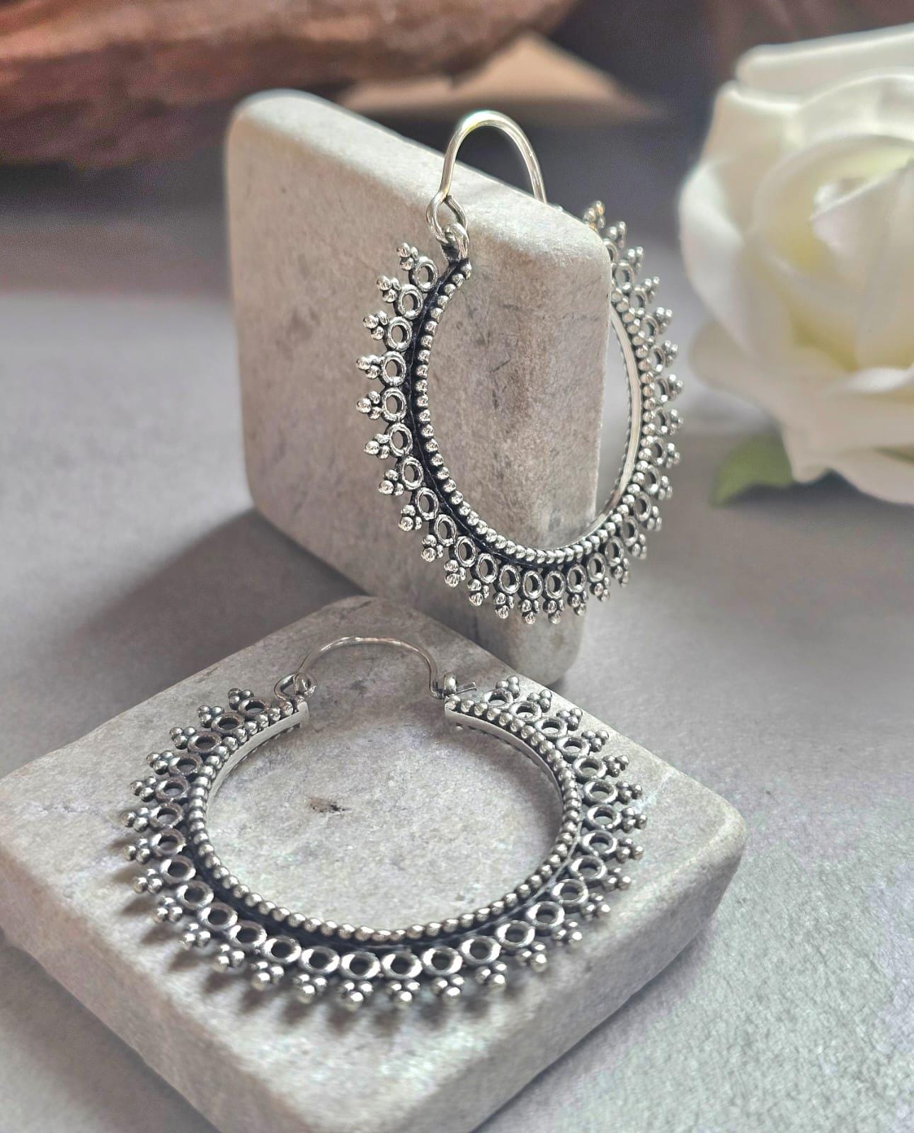 Silver Hoop Earrings, Boho Statement Hoops, Detailed Silver Earrings, Lightweight Unique Earrings, Hypoallergenic Jewelry, Gift for Her