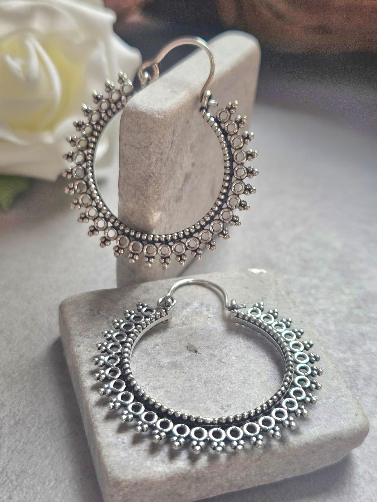 Silver Hoop Earrings, Boho Statement Hoops, Detailed Silver Earrings, Lightweight Unique Earrings, Hypoallergenic Jewelry, Gift for Her