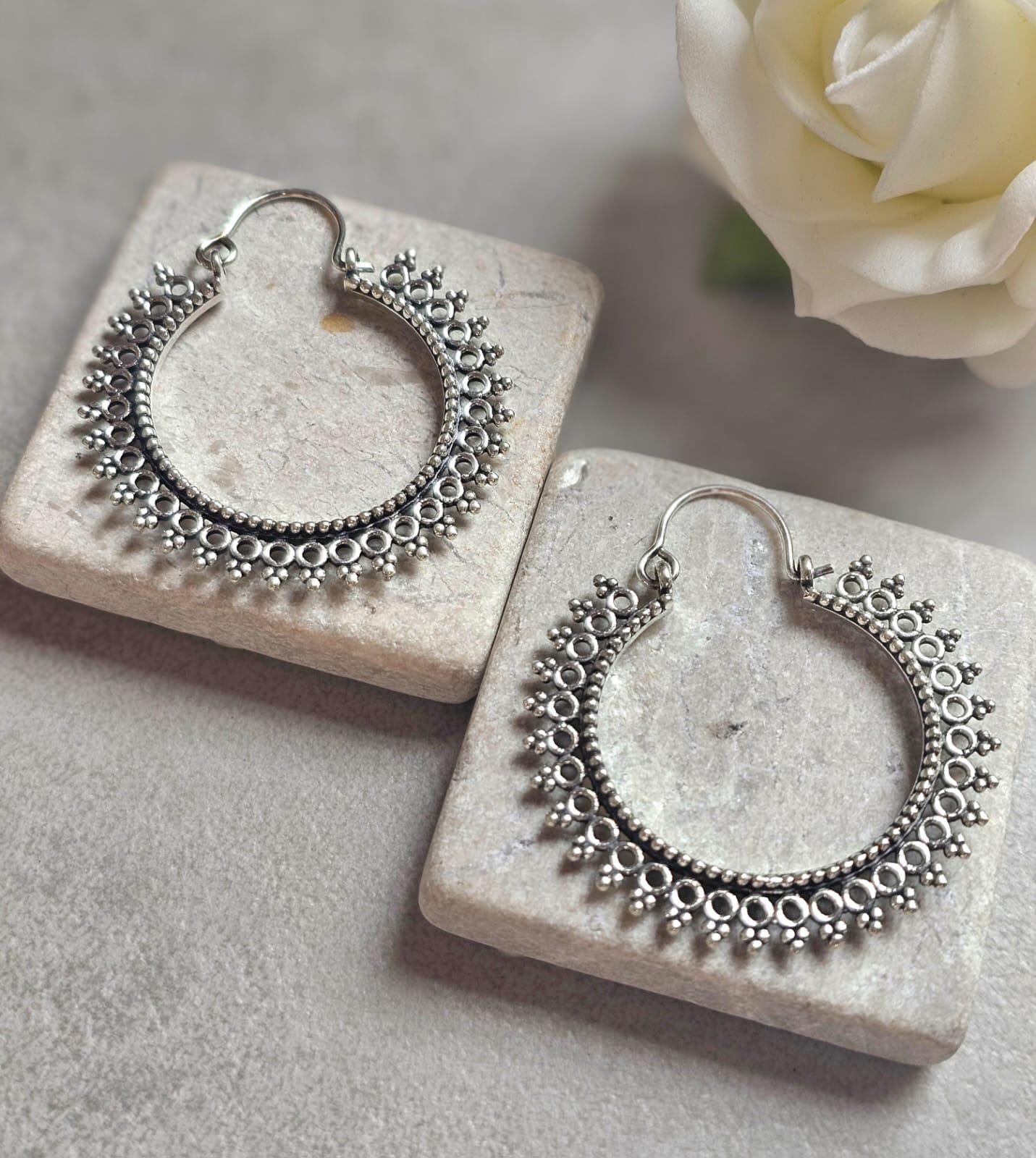 Silver Hoop Earrings, Boho Statement Hoops, Detailed Silver Earrings, Lightweight Unique Earrings, Hypoallergenic Jewelry, Gift for Her