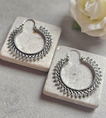 Silver Hoop Earrings, Boho Statement Hoops, Detailed Silver Earrings, Lightweight Unique Earrings, Hypoallergenic Jewelry, Gift for Her