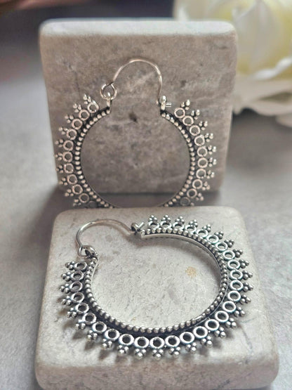 Silver Hoop Earrings, Boho Statement Hoops, Detailed Silver Earrings, Lightweight Unique Earrings, Hypoallergenic Jewelry, Gift for Her