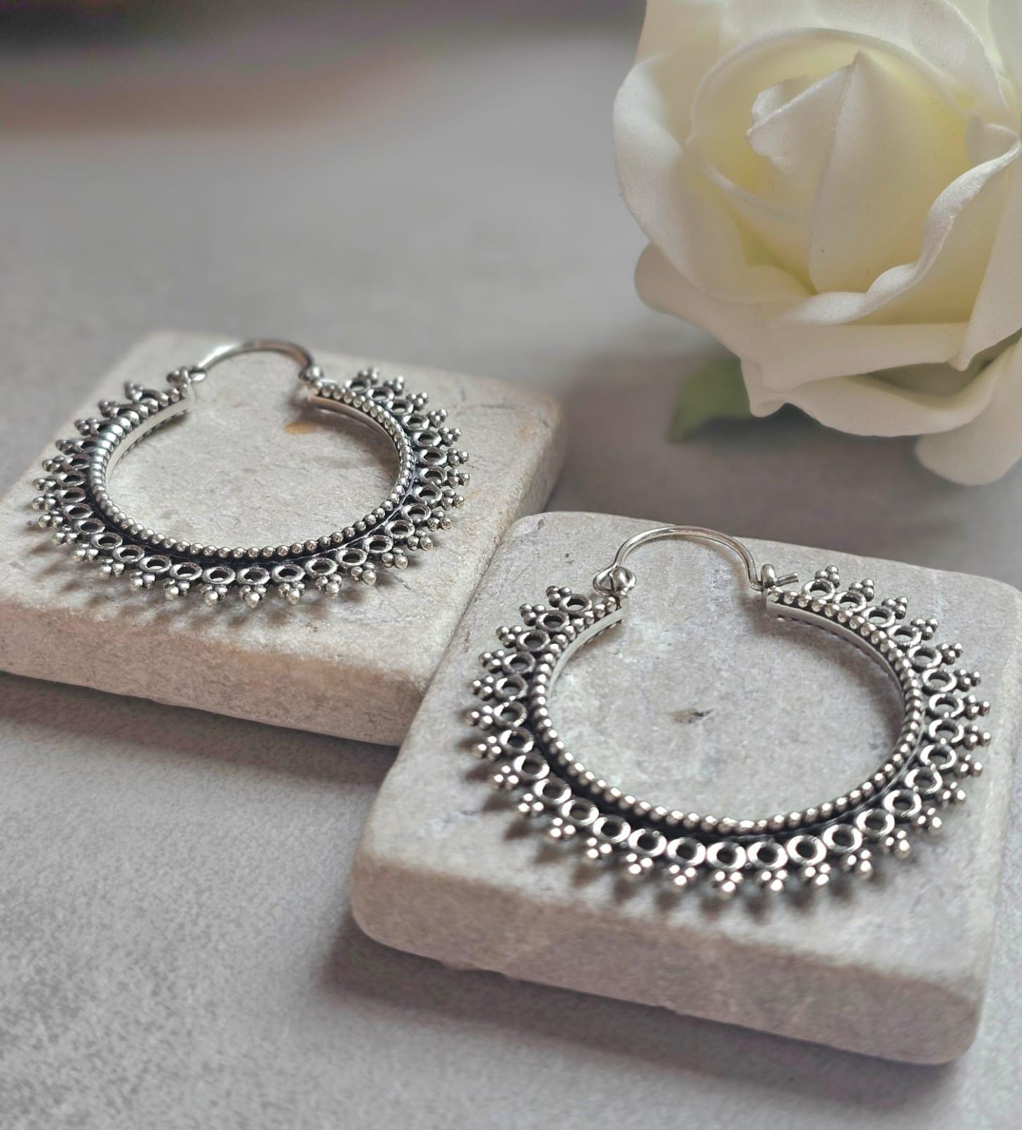 Silver Hoop Earrings, Boho Statement Hoops, Detailed Silver Earrings, Lightweight Unique Earrings, Hypoallergenic Jewelry, Gift for Her