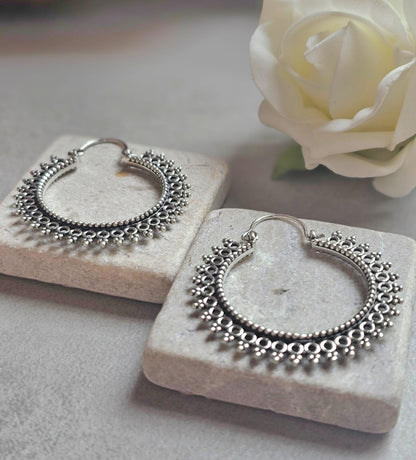 Silver Hoop Earrings, Boho Statement Hoops, Detailed Silver Earrings, Lightweight Unique Earrings, Hypoallergenic Jewelry, Gift for Her