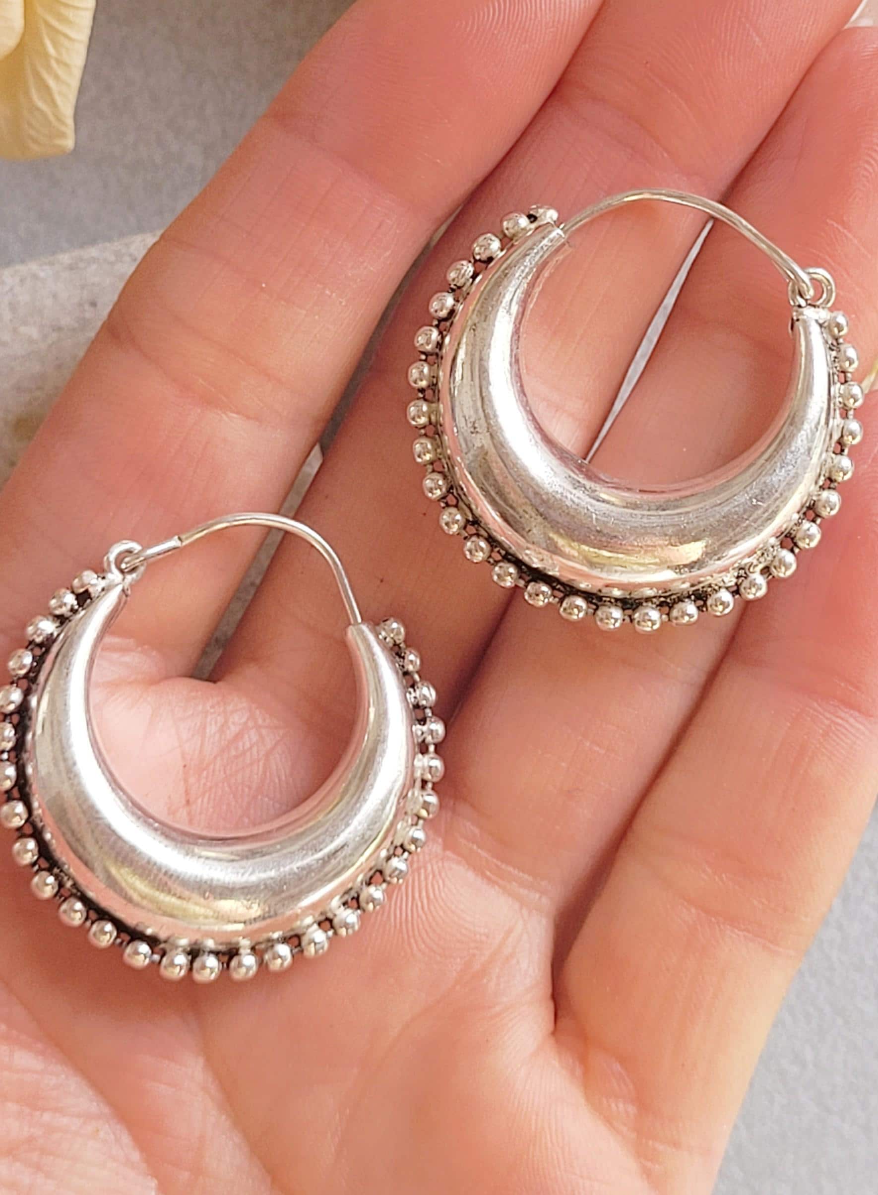 Silver Plated Boho Hoop Earrings 3.5cm | Textured Beaded Hoops | Statement Silver Earrings | Everyday Jewellery Gift