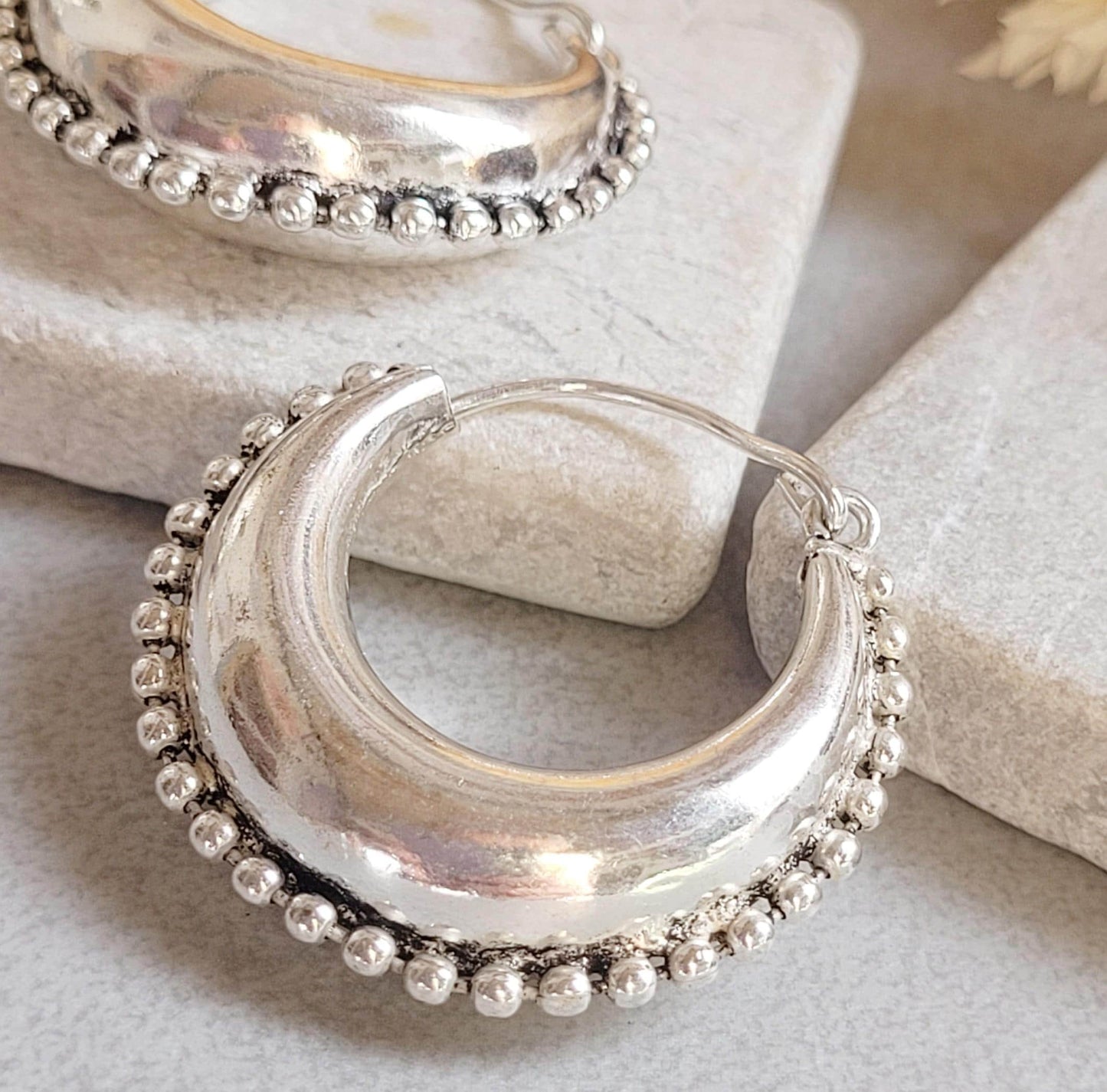 Silver Plated Boho Hoop Earrings 3.5cm | Textured Beaded Hoops | Statement Silver Earrings | Everyday Jewellery Gift