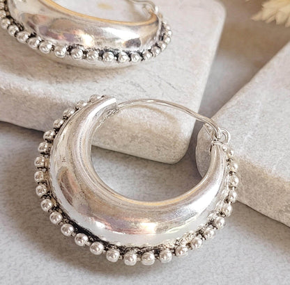 Silver Plated Boho Hoop Earrings 3.5cm | Textured Beaded Hoops | Statement Silver Earrings | Everyday Jewellery Gift