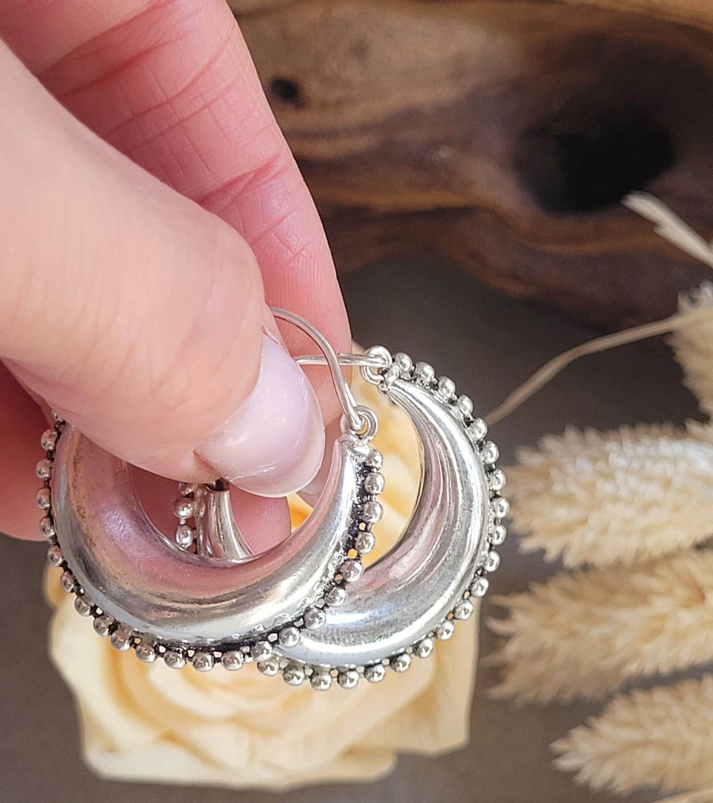 Silver Plated Boho Hoop Earrings 3.5cm | Textured Beaded Hoops | Statement Silver Earrings | Everyday Jewellery Gift