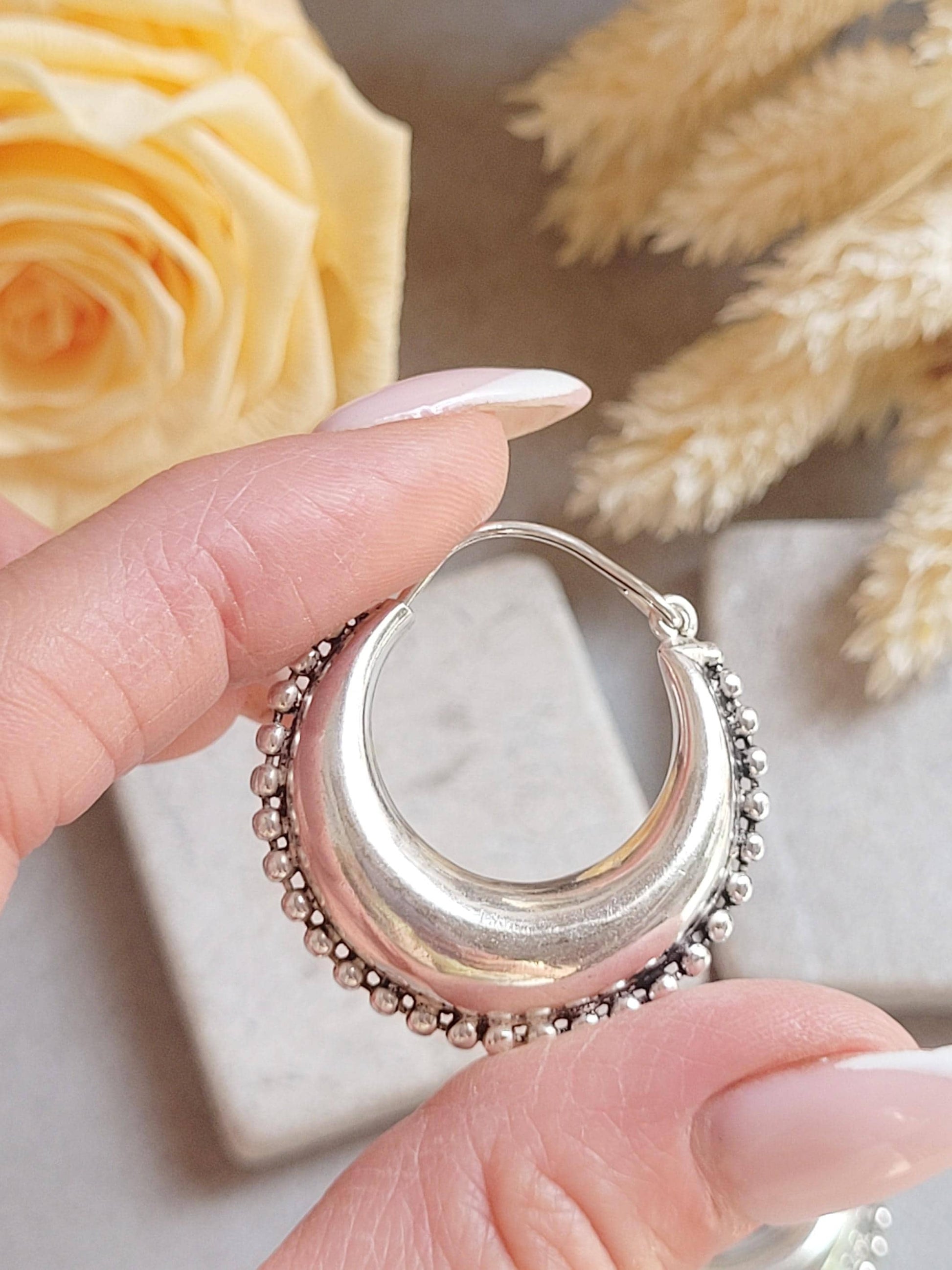 Silver Plated Boho Hoop Earrings 3.5cm | Textured Beaded Hoops | Statement Silver Earrings | Everyday Jewellery Gift