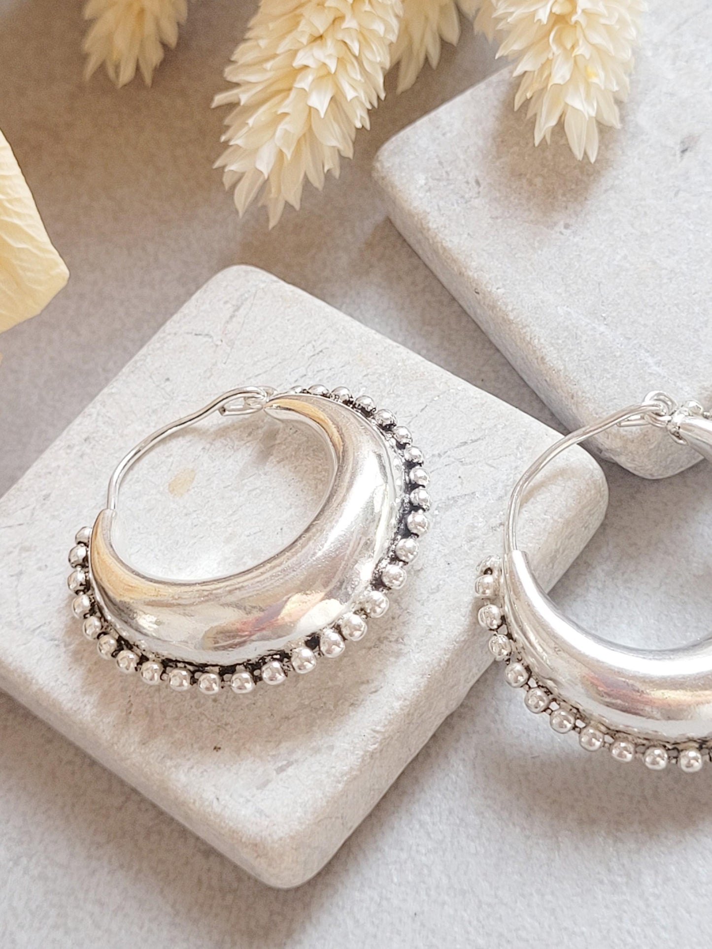 Silver Plated Boho Hoop Earrings 3.5cm | Textured Beaded Hoops | Statement Silver Earrings | Everyday Jewellery Gift