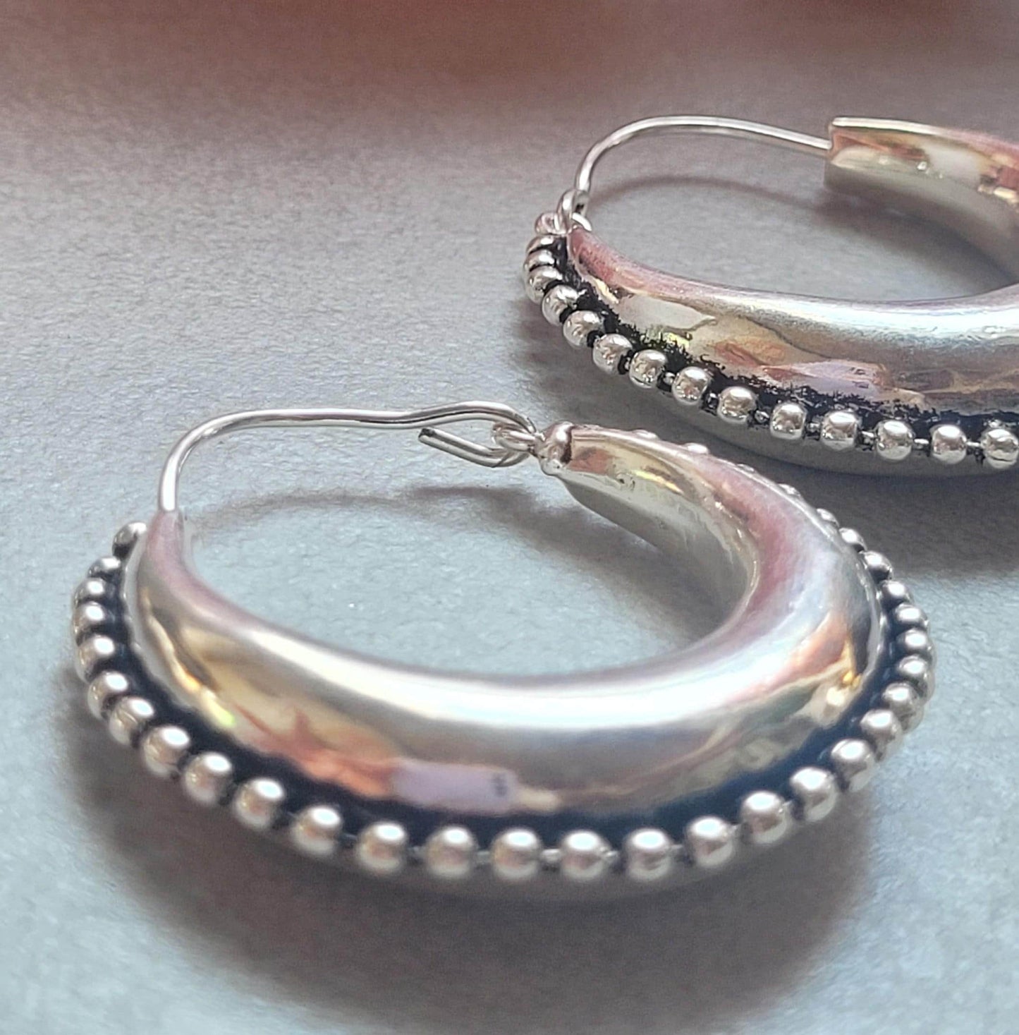 Silver Plated Statement Hoop Earrings 4cm | Boho Textured Hoops | Beaded Edge Earrings | Everyday Silver Jewellery | Gift for Her