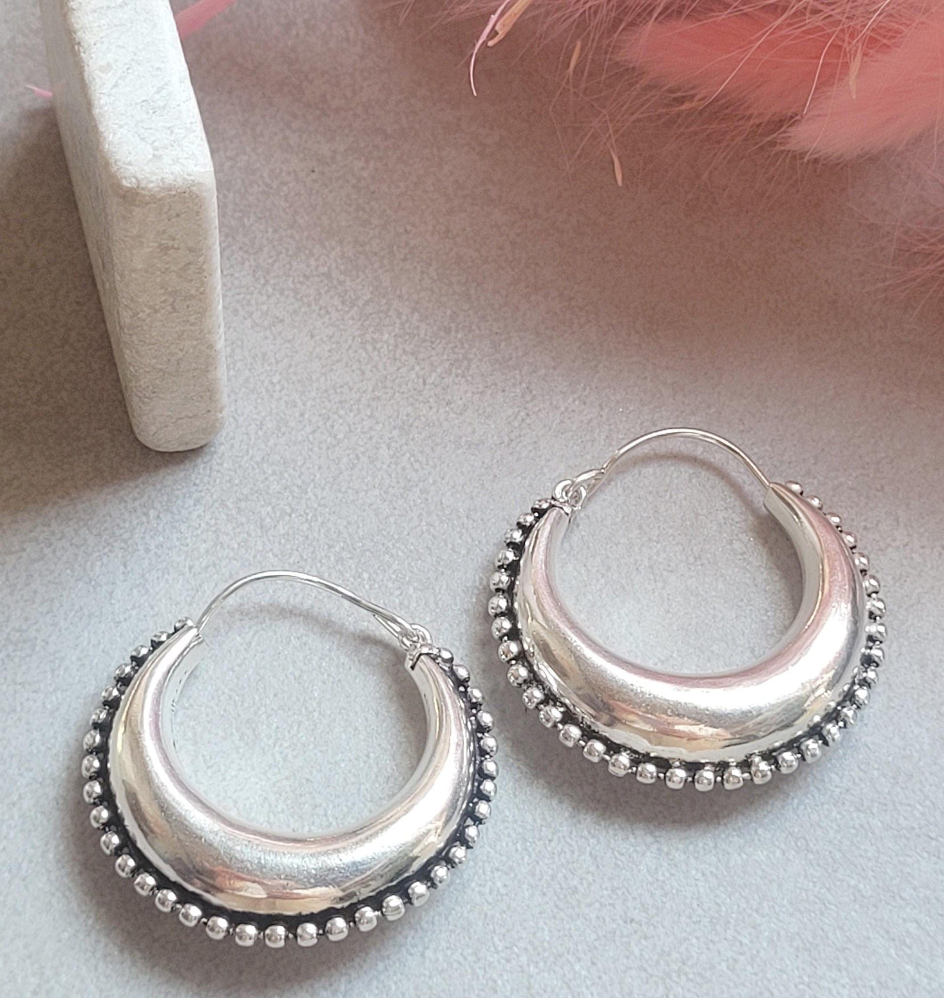 Silver Plated Statement Hoop Earrings 4cm | Boho Textured Hoops | Beaded Edge Earrings | Everyday Silver Jewellery | Gift for Her