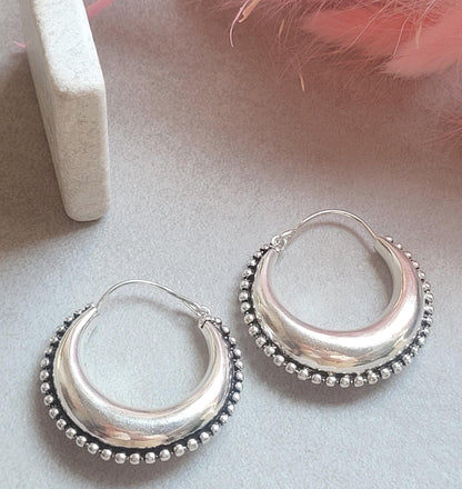 Silver Plated Statement Hoop Earrings 4cm | Boho Textured Hoops | Beaded Edge Earrings | Everyday Silver Jewellery | Gift for Her