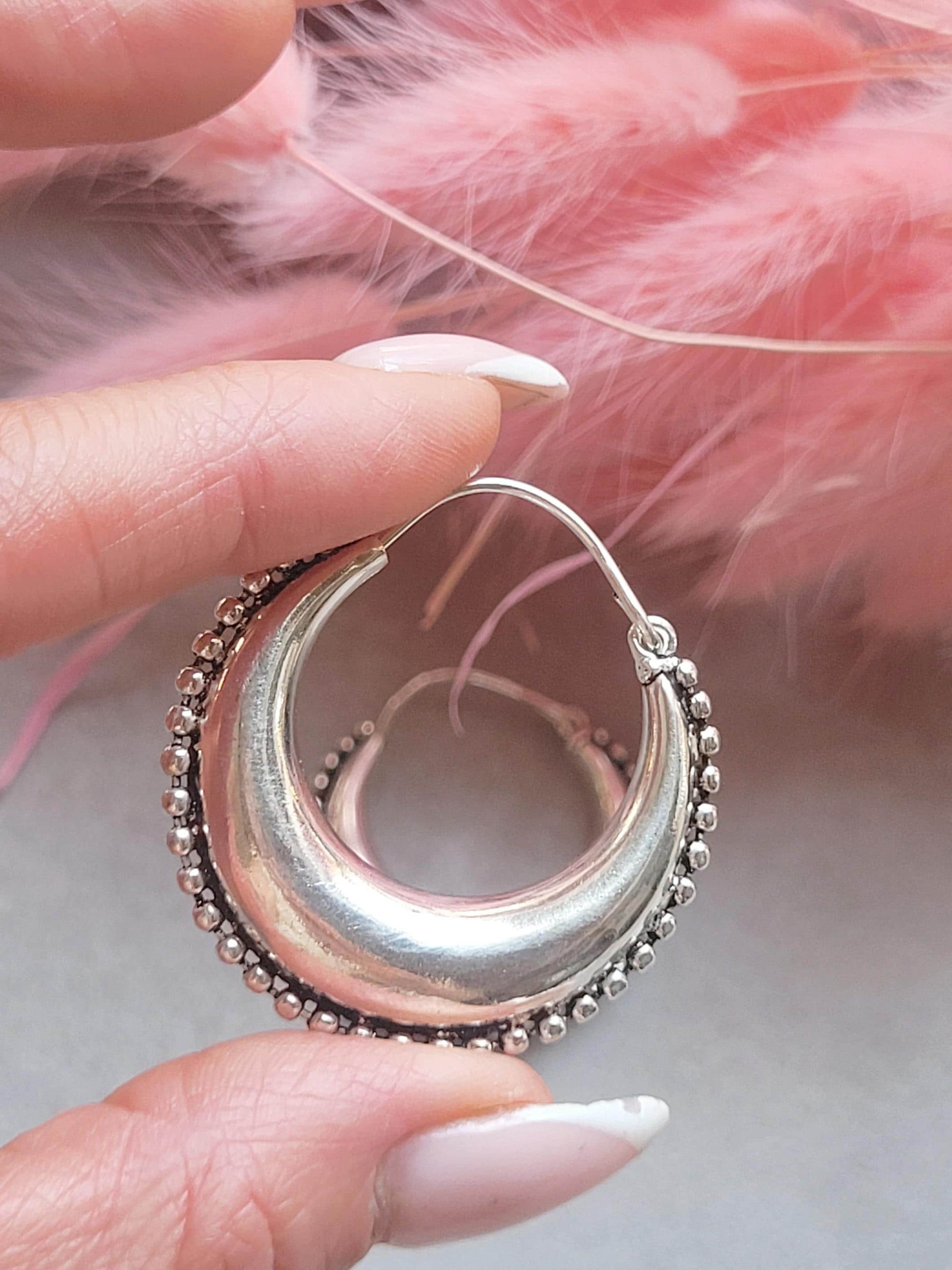 Silver Plated Statement Hoop Earrings 4cm | Boho Textured Hoops | Beaded Edge Earrings | Everyday Silver Jewellery | Gift for Her