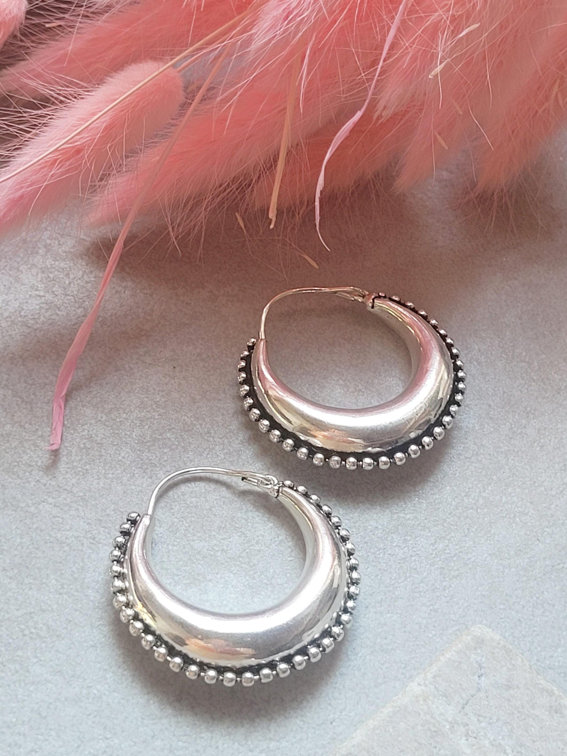 Silver Plated Statement Hoop Earrings 4cm | Boho Textured Hoops | Beaded Edge Earrings | Everyday Silver Jewellery | Gift for Her