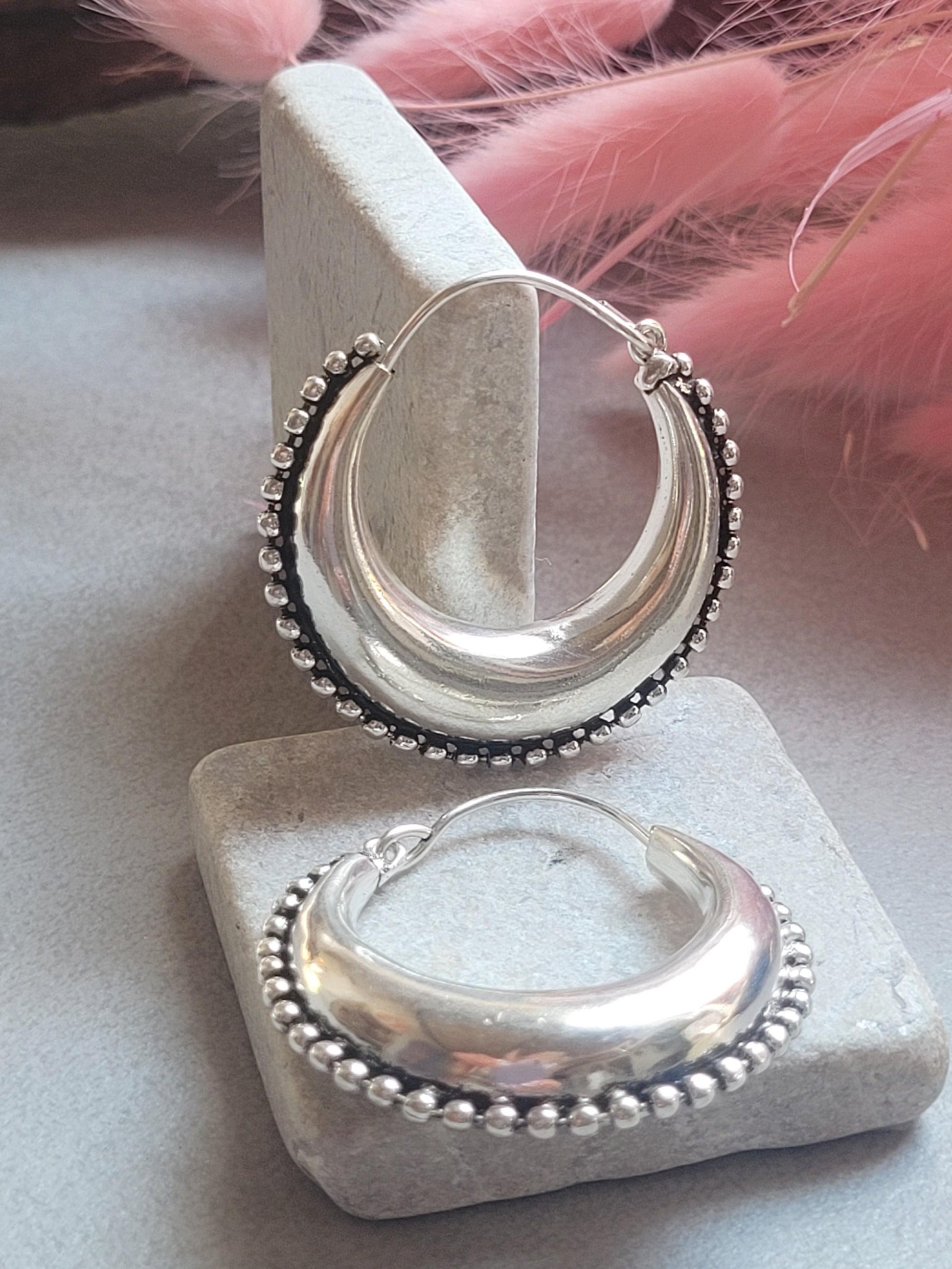 Silver Plated Statement Hoop Earrings 4cm | Boho Textured Hoops | Beaded Edge Earrings | Everyday Silver Jewellery | Gift for Her