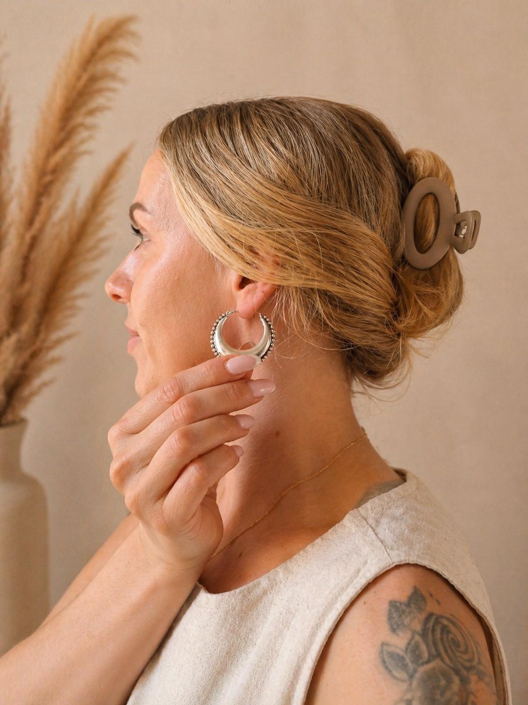 Silver Plated Statement Hoop Earrings 4cm | Boho Textured Hoops | Beaded Edge Earrings | Everyday Silver Jewellery | Gift for Her