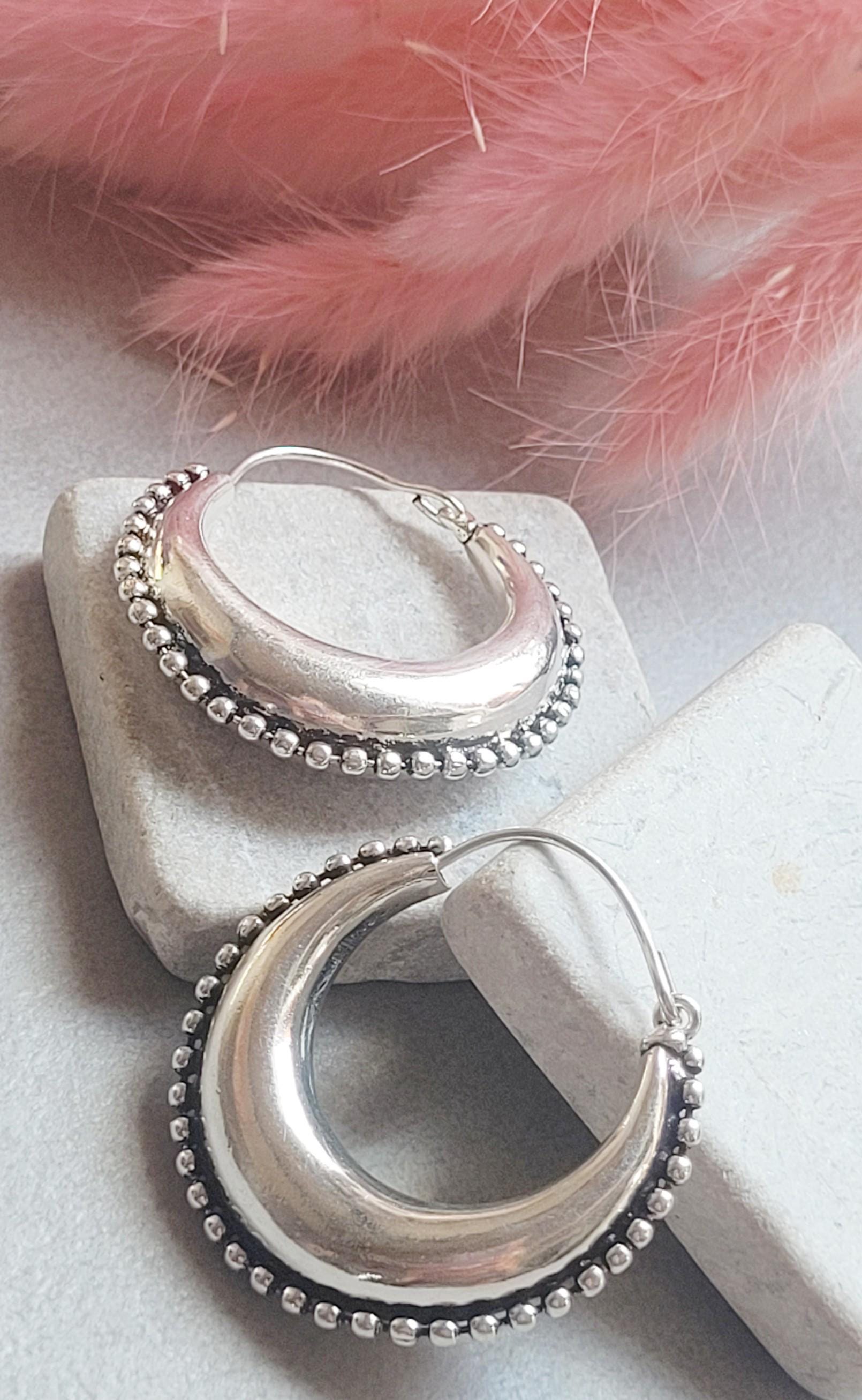 Silver Plated Statement Hoop Earrings 4cm | Boho Textured Hoops | Beaded Edge Earrings | Everyday Silver Jewellery | Gift for Her