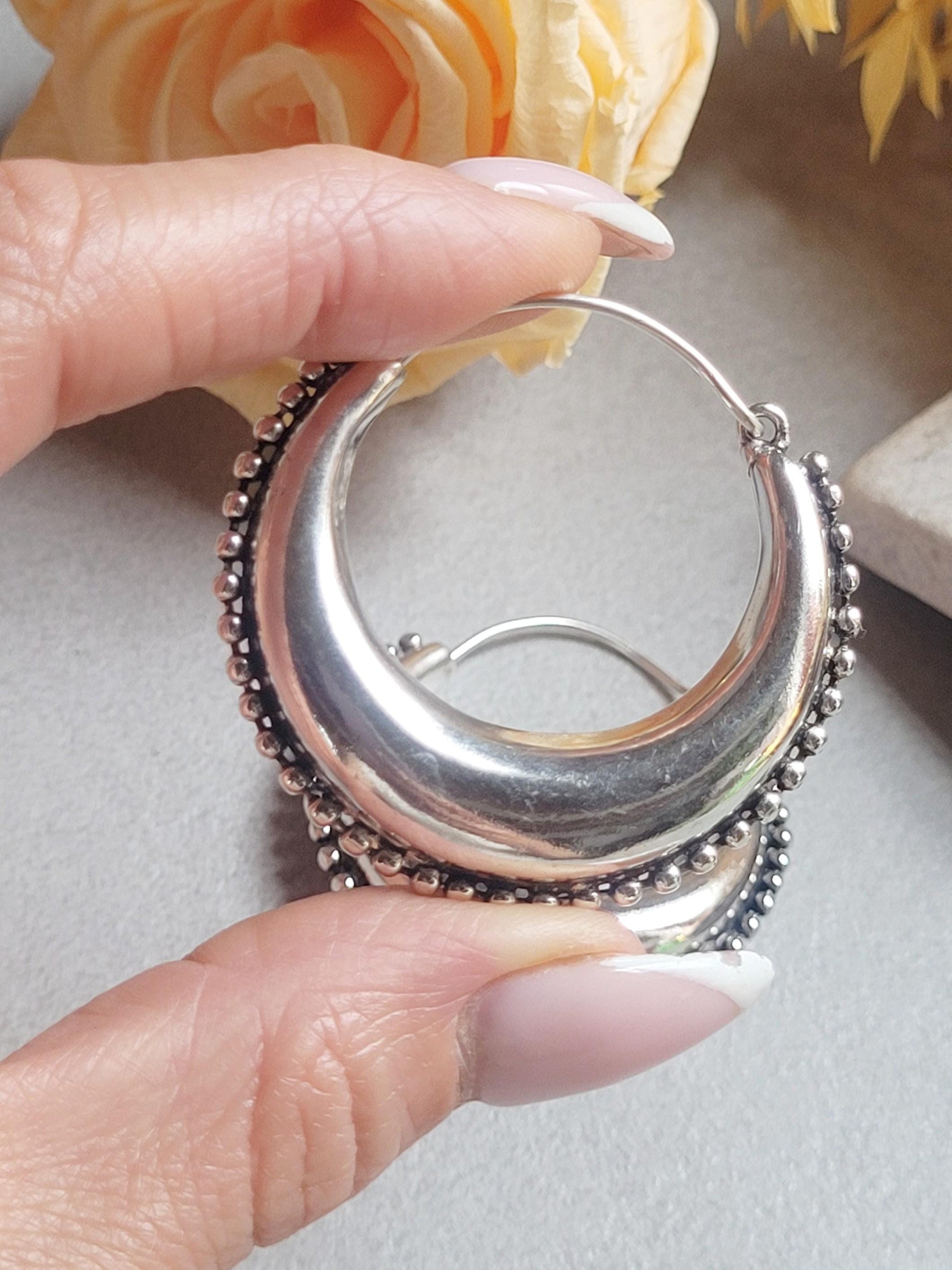 Large Silver Plated Hoop Earrings 4.5cm | Boho Statement Hoops | Beaded Edge Silver Earrings | Everyday Jewellery