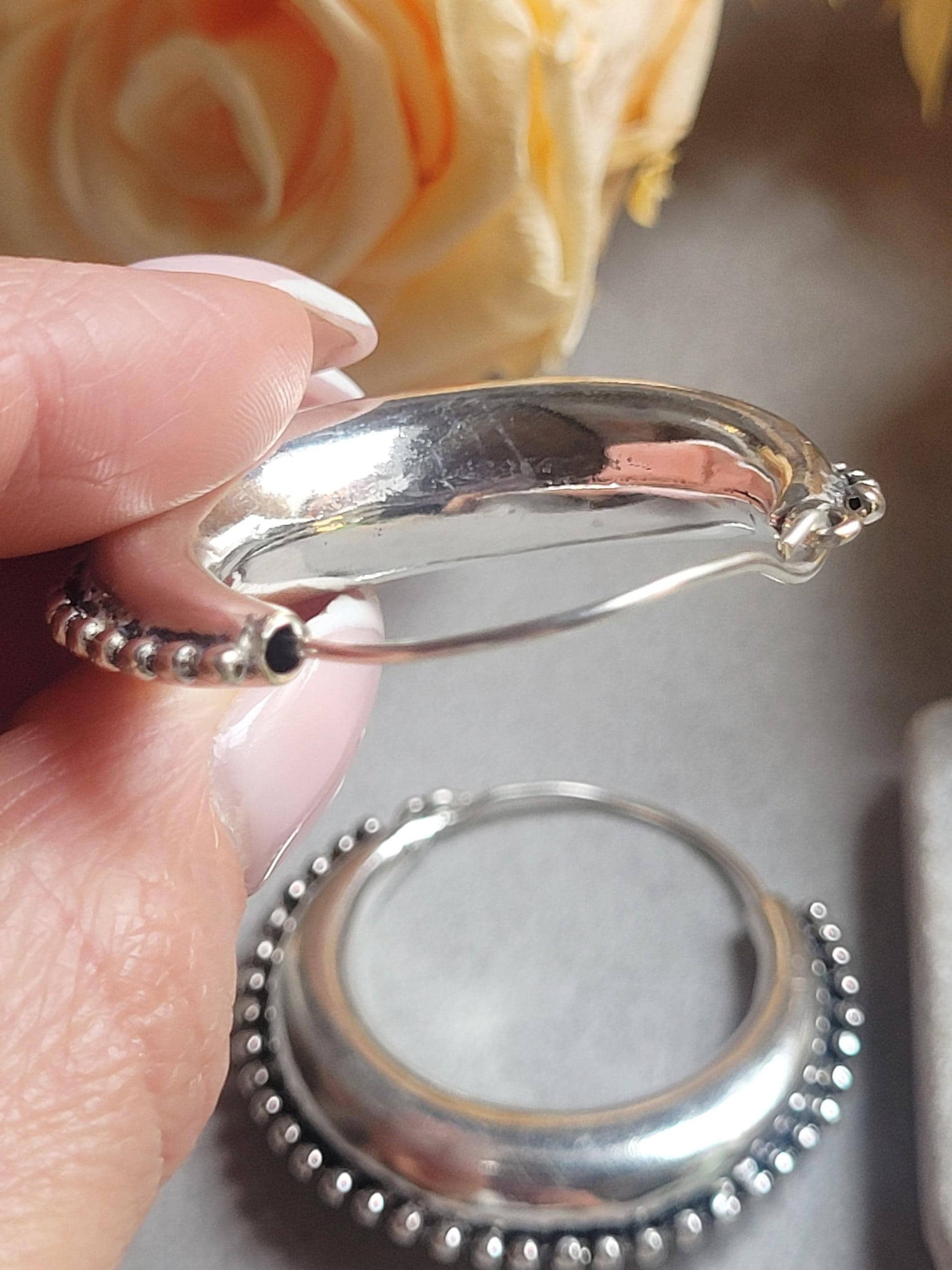 Large Silver Plated Hoop Earrings 4.5cm | Boho Statement Hoops | Beaded Edge Silver Earrings | Everyday Jewellery