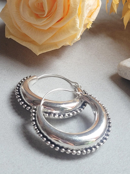 Large Silver Plated Hoop Earrings 4.5cm | Boho Statement Hoops | Beaded Edge Silver Earrings | Everyday Jewellery
