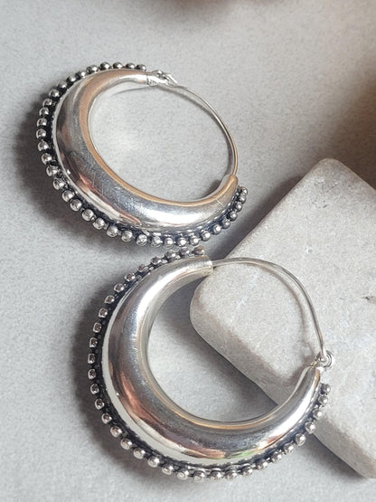 Large Silver Plated Hoop Earrings 4.5cm | Boho Statement Hoops | Beaded Edge Silver Earrings | Everyday Jewellery