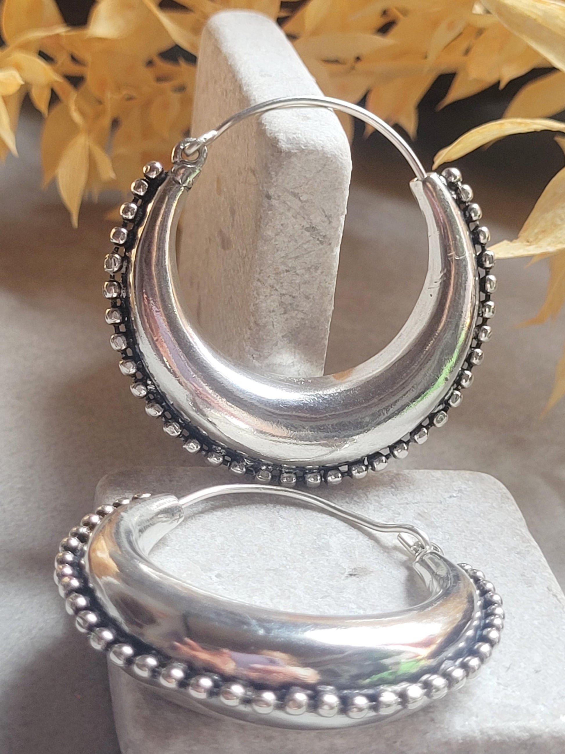 Large Silver Plated Hoop Earrings 4.5cm | Boho Statement Hoops | Beaded Edge Silver Earrings | Everyday Jewellery