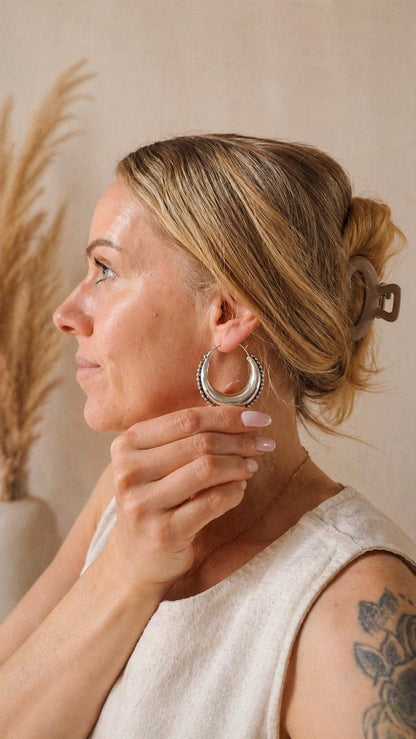 Large Silver Plated Hoop Earrings 4.5cm | Boho Statement Hoops | Beaded Edge Silver Earrings | Everyday Jewellery